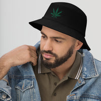 Black bucket hat with Cannabis Pot Leaf Marijuana embroidered artwork, left-front view