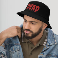 Black bucket hat with Red DEAD Emotional Depression embroidered artwork, left-front view