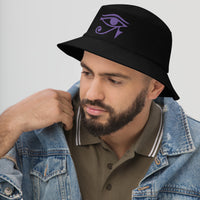 Black bucket hat with Purple Eye of Ra Egyptian Goddess embroidered artwork, left-front view