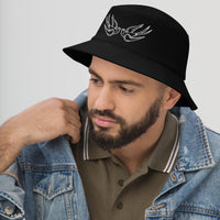 Black bucket hat with White Falling Sparrows Tattoo Style Bird embroidered artwork, left-front view