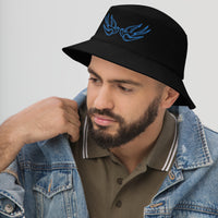 Black bucket hat with Blue Falling Sparrows Tattoo Style Bird embroidered artwork, left-front view