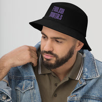 Black bucket hat with Foolish Mortals Haunted Mansion embroidered artwork, left-front view