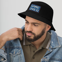 Black bucket hat with Game Over 8 Bit embroidered artwork, left-front view