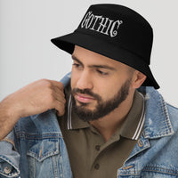 Black bucket hat with White Gothic Dramatic Style embroidered artwork, left-front view