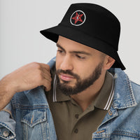 Black bucket hat with Lightning Bolt Inverted Pentagram Occult Symbol embroidered artwork, left-front view
