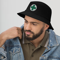 Black bucket hat with Medical Marijuana Symbol embroidered artwork, left-front view