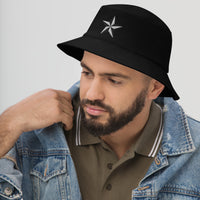 Black bucket hat with White Nautical Star North Star embroidered artwork, left-front view
