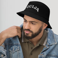 Black bucket hat with Ouija Spirit Board Words embroidered artwork, left-front view