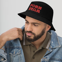 Black bucket hat with Red Porn Star Logo embroidered artwork, left-front view