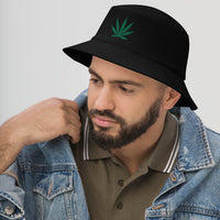 Black bucket hat with Pot Leaf Marijuana embroidered artwork, left-front view