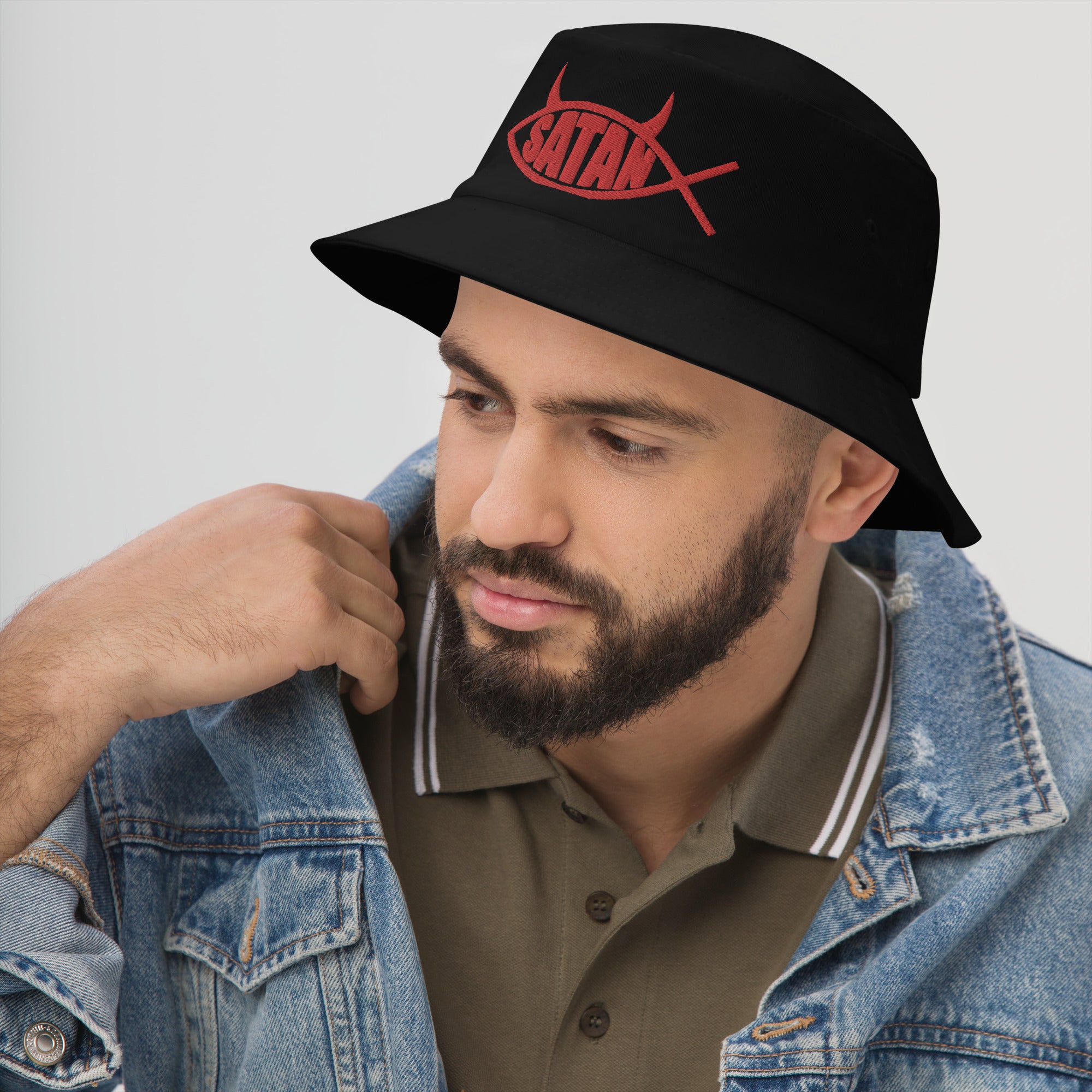 Red Satan Fish with Horns Religious Satire Embroidered Bucket Hat Satanic Church