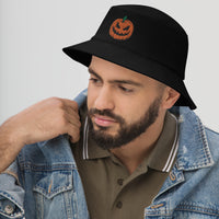 Black bucket hat with Scary Jack O Lantern Halloween Pumpkin embroidered artwork, left-front view
