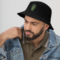 Black bucket hat with The Modern Prometheus Dr. Frankenstein's Monster embroidered artwork, left-front view