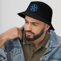 Black bucket hat with Blue Witching Hour Woven Pentagram embroidered artwork, left-front view