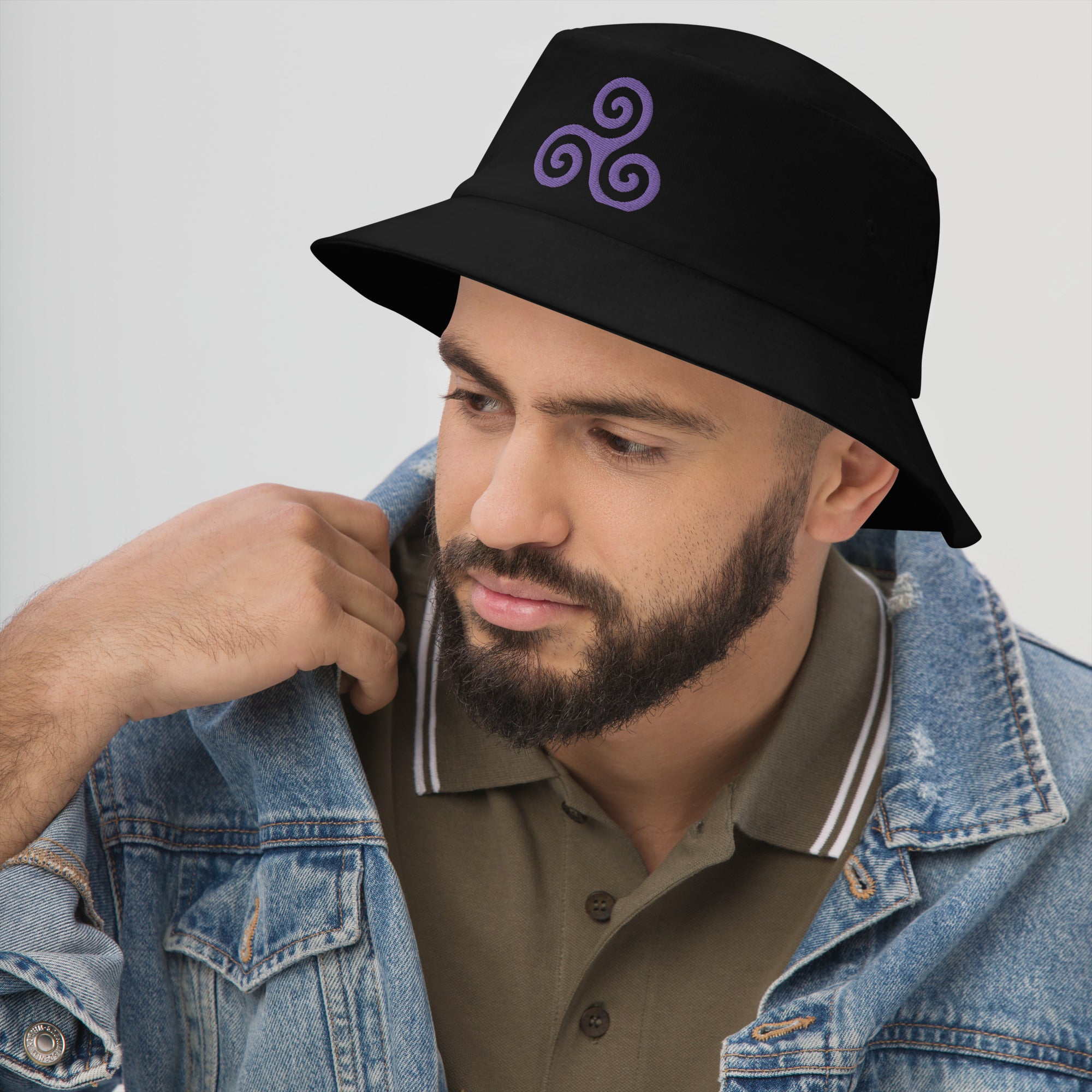 Purple Triskelion or Triskeles Spiral Embroidered Bucket Hat Archimedean