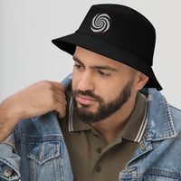 Black bucket hat with Twilight Zone Hypnotic Hypnosis Spiral Illusion embroidered artwork, left-front view