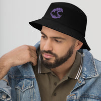 Black bucket hat with Purple Vampire Fangs Novelty Halloween Toy Trick or Treat embroidered artwork, left-front view