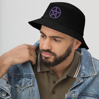 Black bucket hat with Purple Wiccan Witchcraft Pentagram embroidered artwork, left-front view