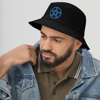 Black bucket hat with Blue Wiccan Witchcraft Pentagram embroidered artwork, left-front view