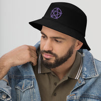 Black bucket hat with Purple Witchcraft Woven Pentacle Pagan Ritual embroidered artwork, left-front view