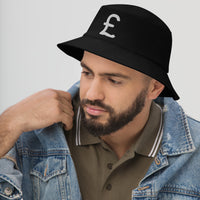 Black bucket hat with The British Pound Sterling Symbol Money Currency embroidered artwork, left-front view