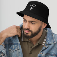 Black bucket hat with Alchemy Glass Occult Symbol embroidered artwork, left-front view
