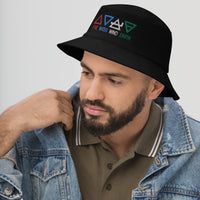 Black bucket hat with Four Elements of Matter: Fire, Water, Wind, Earth embroidered artwork, left-front view
