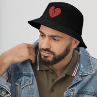 Black bucket hat with Red Broken Heart Valentine's Day embroidered artwork, left-front view
