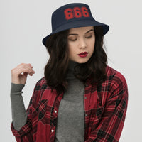 Navy bucket hat with Red 666 The Number of the Beast Evil embroidered artwork, front view