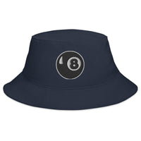 Navy bucket hat with 8 Ball Pool Billiards embroidered artwork, front view