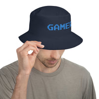 Navy bucket hat with 8 Bit Gamer embroidered artwork, front view