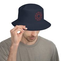 Navy bucket hat with Red 9 Point Star Pentagram Occult Symbol embroidered artwork, front view