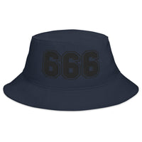 Navy bucket hat with Black 666 The Number of the Beast Evil embroidered artwork, front view