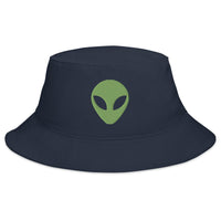 Navy bucket hat with Alien Face Little Green Men embroidered artwork, front view