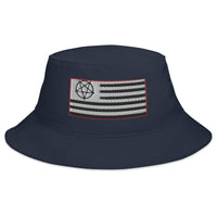 Navy bucket hat with American Satanist Inverted Pentagram U.S. Flag embroidered artwork, front view