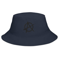 Navy bucket hat with Black Anarchy Sign Punk Rock Chaos embroidered artwork, front view