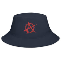 Navy bucket hat with Red Anarchy Sign Punk Rock Chaos embroidered artwork, front view