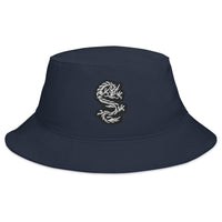 Navy bucket hat with White Ancient Chinese Dragon embroidered artwork, front view