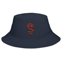 Navy bucket hat with Red Ancient Chinese Dragon embroidered artwork, front view