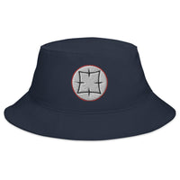 Navy bucket hat with Ancient Japanese Symbol embroidered artwork, front view