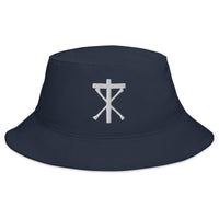 Navy bucket hat with Anti Christian Bone Cross embroidered artwork, front view