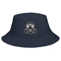 Navy bucket hat with White Bio Hazard Gas Mask embroidered artwork, front view