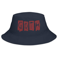 Navy bucket hat with Black and Red Vertical Stripe Goth embroidered artwork, front view
