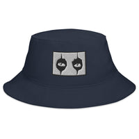 Navy bucket hat with Black Eyeliner The Eyes of Alice Cooper embroidered artwork, front view