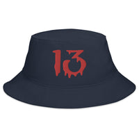 Navy bucket hat with Bloody Number Thirteen 13 Lucky Halloween embroidered artwork, front view