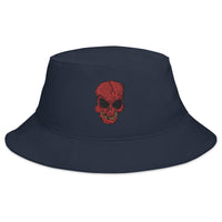 Navy bucket hat with Broken Creepy Skull embroidered artwork, front view