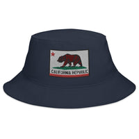 Navy bucket hat with California U.S. State Flag embroidered artwork, front view