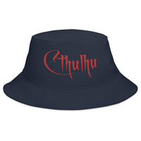 Navy bucket hat with Call of Cthulhu The Great Old Ones embroidered artwork, front view
