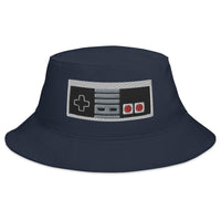 Navy bucket hat with Classic 80's Game Controller embroidered artwork, front view
