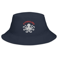 Navy bucket hat with Cthulhu The Elder Gods embroidered artwork, front view
